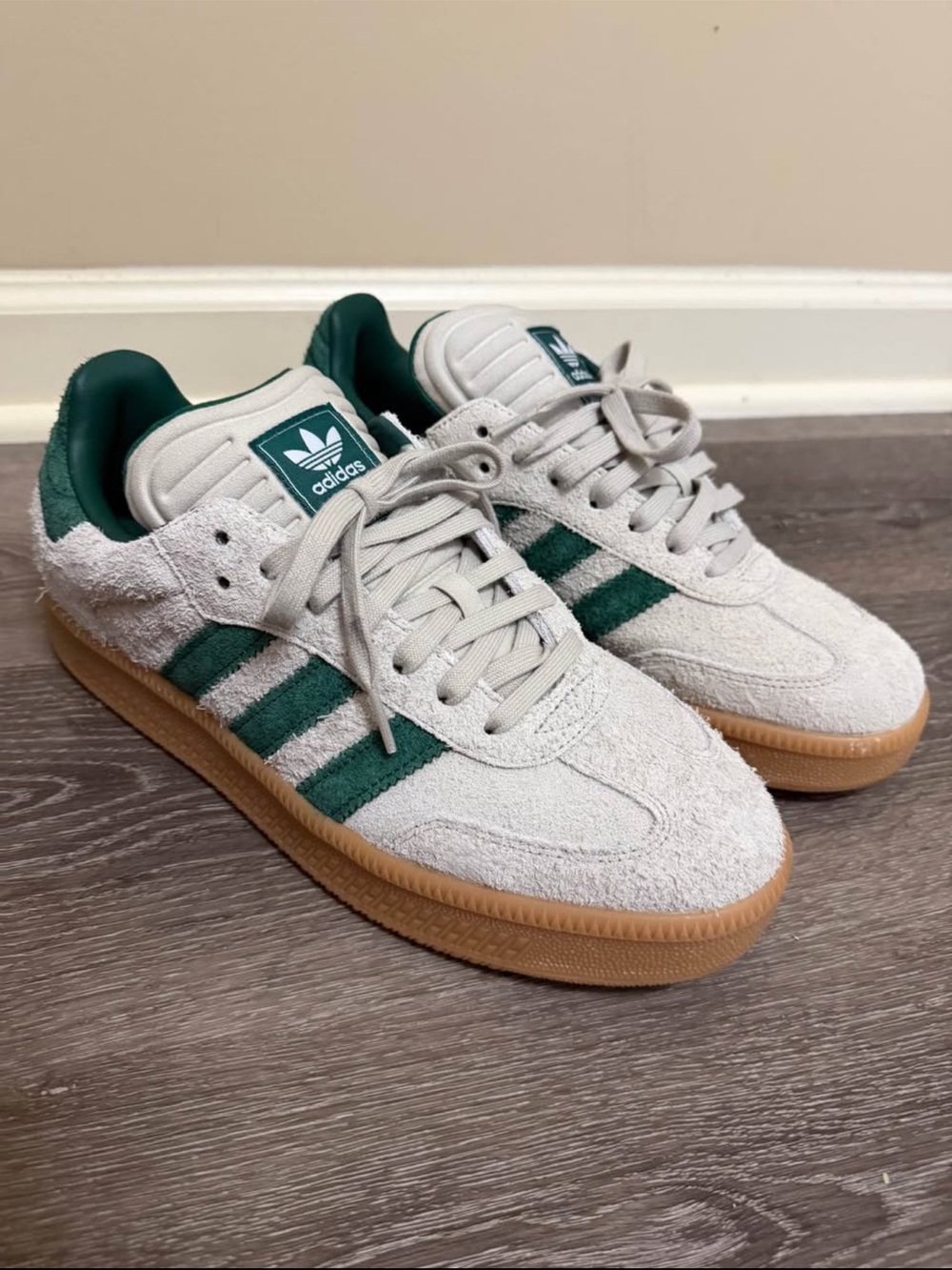 adidas Men’s Off-White Suede Sneakers with Green Stripes and Gum Sole